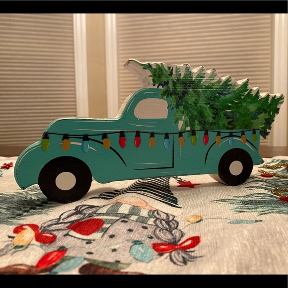 Blue Farmhouse Christmas PickUp Truck Carrying A Christmas Tree Wood Decor Sign - Picture 11 of 15